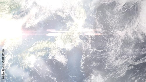 Earth zoom in from outer space to city. Zooming on Higashimurayama, Tokyo, Japan. The animation continues by zoom out through clouds and atmosphere into space. Images from NASA photo