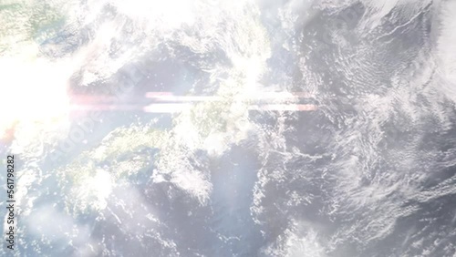 Earth zoom in from outer space to city. Zooming on Hino, Tokyo, Japan. The animation continues by zoom out through clouds and atmosphere into space. Images from NASA photo