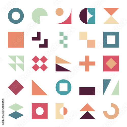 Modern geometric abstract shapes in minimal style and brutalism basic forms, lines, circles and different patterns bauhaus elements flat vector illustration.