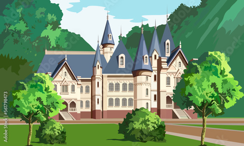 vector illustration depicting a fairy-tale palace in the forest  for prints on  book covers and for the design of other illustrations, scenes and interiors in a fairy-tale cartoon style