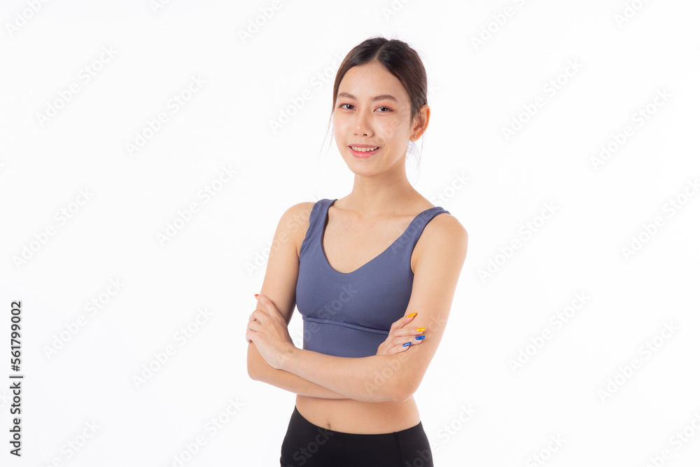 Portrait of beautiful young asian woman in sportwear smile and crossed arms isolated on white background, sport and exercise for health and weightloss, female and slimming with confident and wellness. Portrait of beautiful young asian woman in sportwear smile and crossed arms isolated on white background, sport and exercise for health and weightloss, female and slimming with confident and wellness.