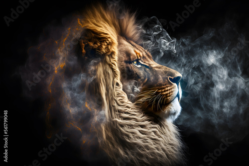 Artistic drawing of a lion with smoke around. Portrait style. Generative AI. 