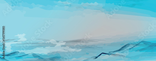 Horizontal banner with watercolor blue sky, clouds and mountains. Place for text. Minimal and abstract header. Cloudscape in calm pastel colors.