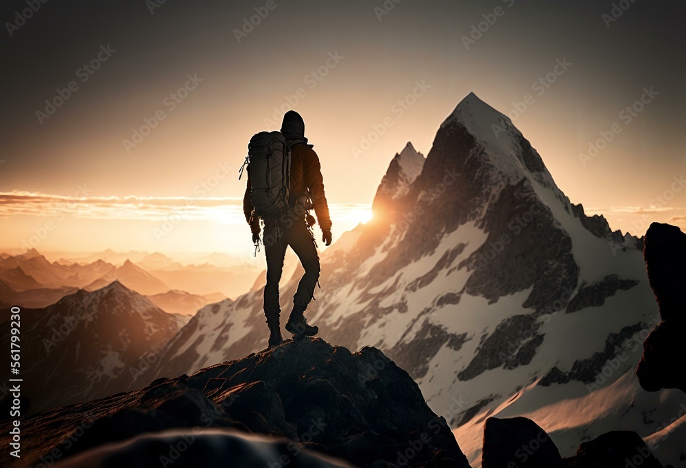 image of a man reaching the summit of a mountain, with the sun setting behind him, representing the idea of achieving a goal after hard work and perseverance (AI)