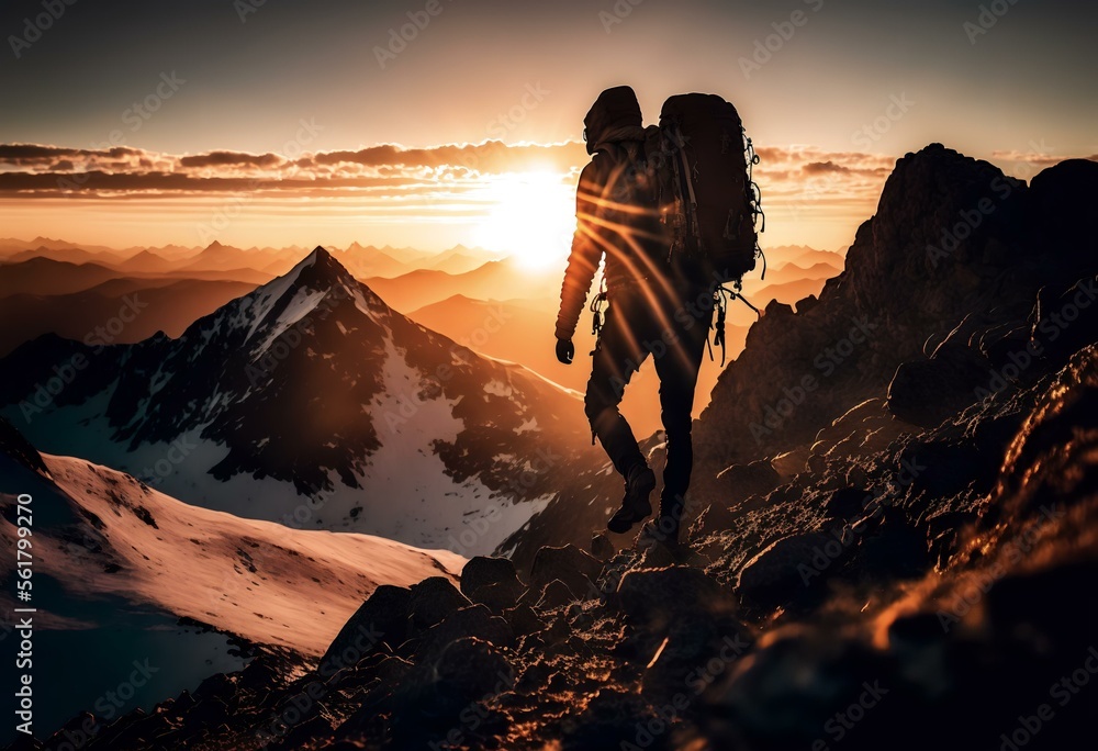 image of a man reaching the summit of a mountain, with the sun setting behind him, representing the idea of achieving a goal after hard work and perseverance (AI)