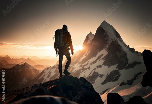 image of a man reaching the summit of a mountain, with the sun setting behind him, representing the idea of achieving a goal after hard work and perseverance (AI) photo