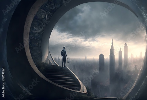 mage of a person taking one step at a time on a spiral staircase, with a background of a city skyline, representing the idea of gradual development and progress (AI)