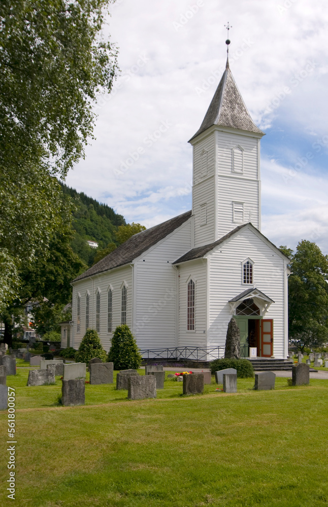 The wooden church at √òystese, Western Norway, on the Hardanger Fjord.