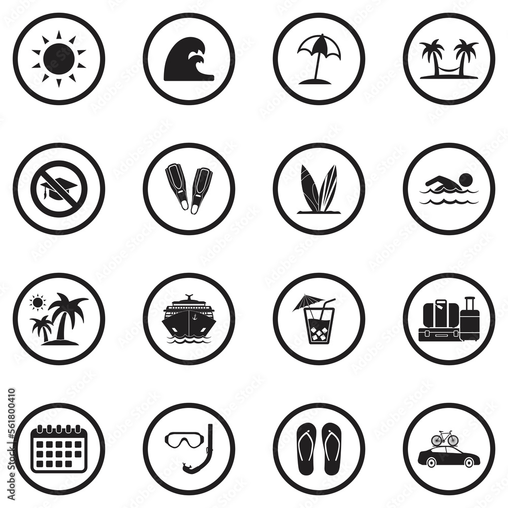 Summer Break Icons. Black Flat Design In Circle. Vector Illustration. Summer Break Icons. Black Flat Design In Circle. Vector Illustration.