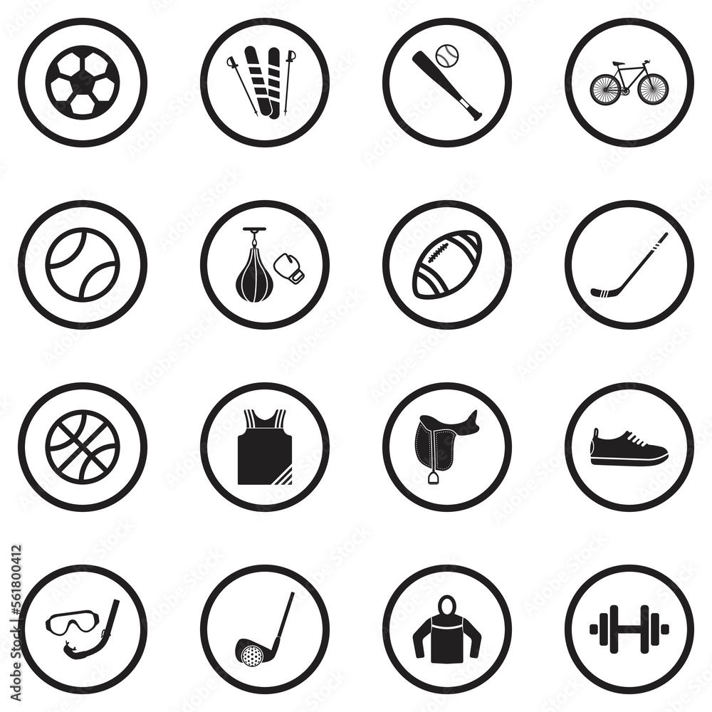 Sport Store Icons. Black Flat Design In Circle. Vector Illustration.