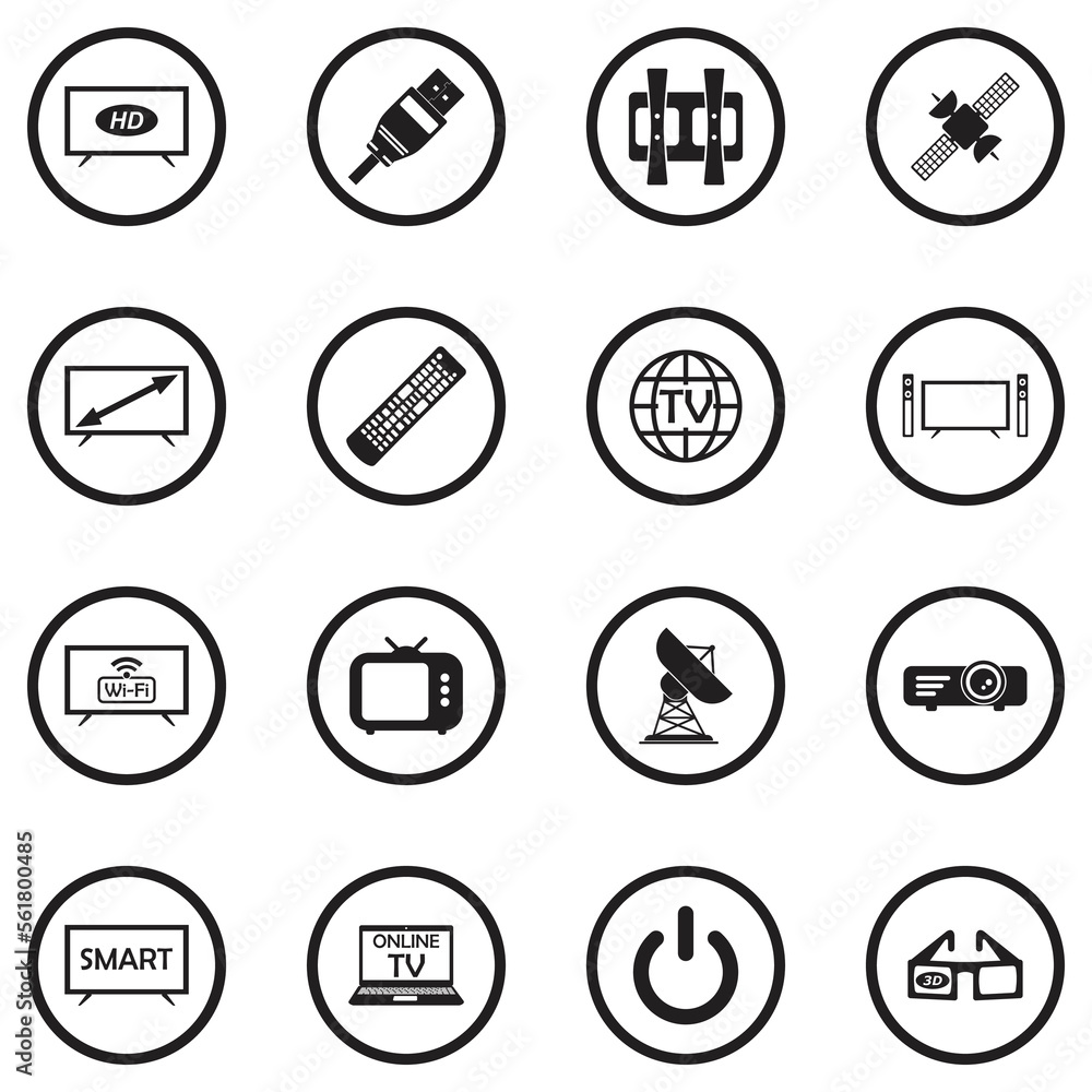 Television Icons. Black Flat Design In Circle. Vector Illustration. Television Icons. Black Flat Design In Circle. Vector Illustration.