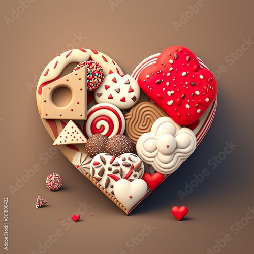 Sweets, candies, cookies, chocolates for Valentine's day, in the shape of heart, 3d illustration