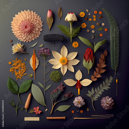 Neatly organized flowers, knolling of flowers, isolated flower flatlay, generative ai, dark background photo