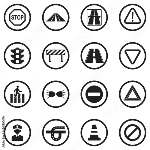 Traffic Rules Icons. Black Flat Design In Circle. Vector Illustration.
