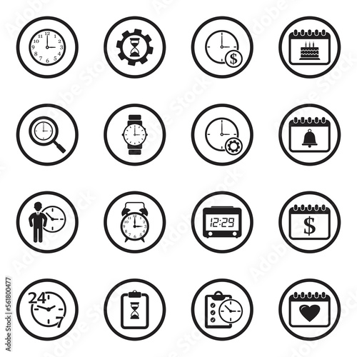 Time and Date Icons. Black Flat Design In Circle. Vector Illustration.
