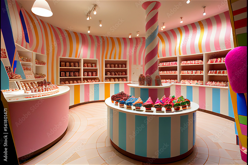Luxury premium candy shop interior in pastel colors with lots of sweet  treats, generative AI Illustration Stock | Adobe Stock