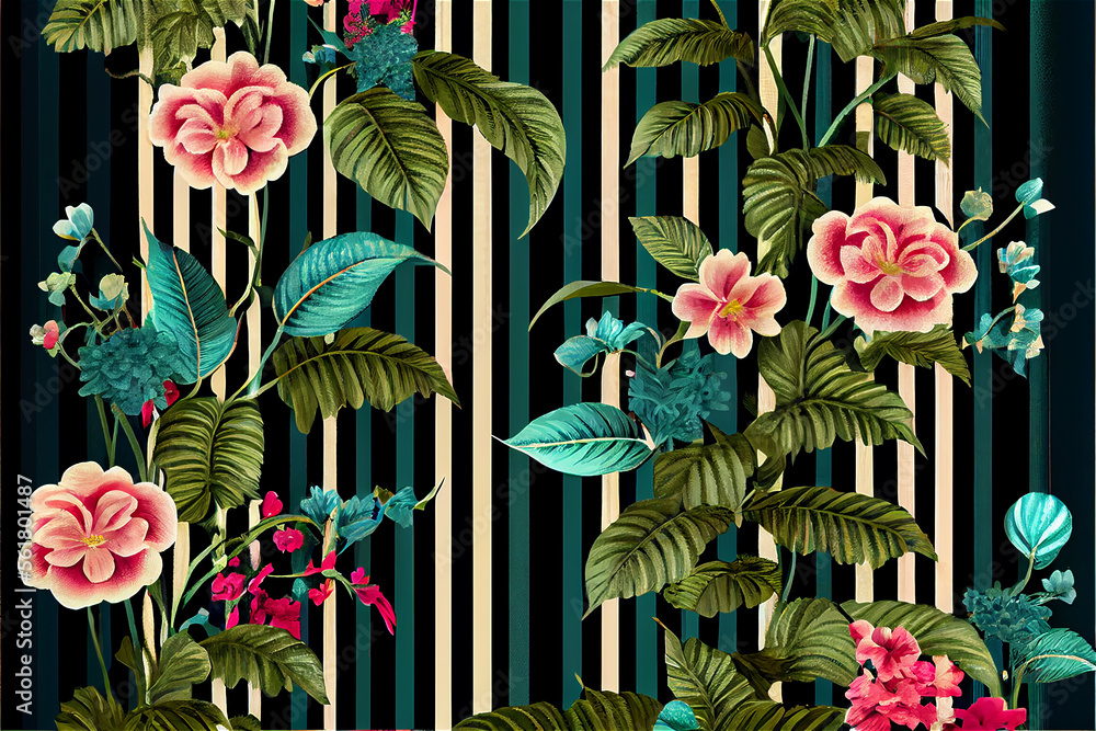 Fototapeta premium Flowers and stripes patter in bright colors, ideal for decoration and wallpapers, generative AI