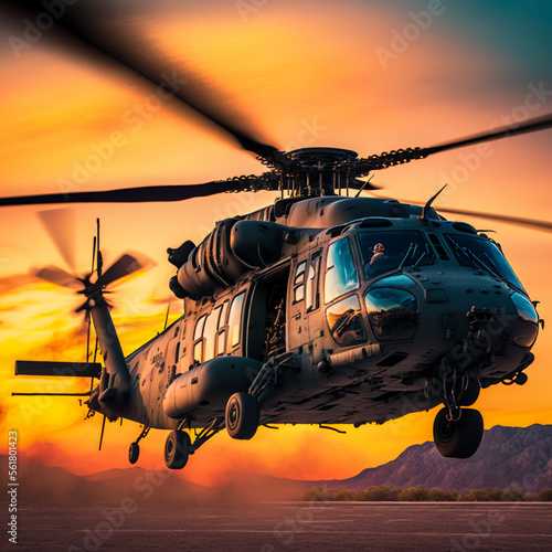 Fototapeta Black Hawk helicopter at sunset. Generative AI.