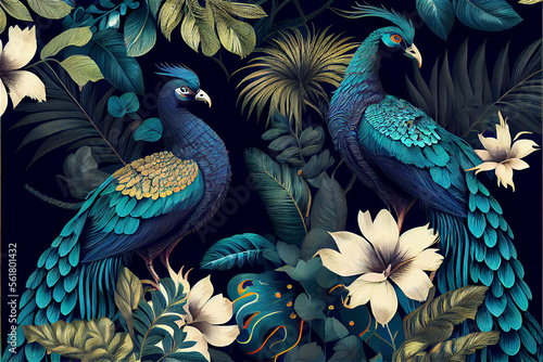 Exotic oriental pattern with peacocks and flowers in bright colors, generative AI © FrankBoston