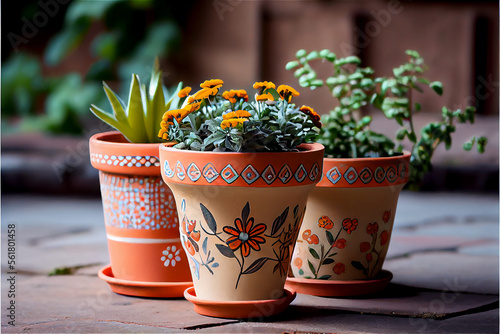 Hand painted terracotta flower pot in bright colors, generative AI