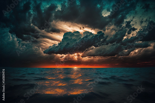 dramatic clouds in the evening sky over the ocean. dramatic setting sun over the water. Generative AI
