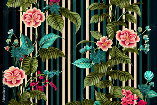 Flowers and stripes patter in bright colors, ideal for decoration and wallpapers, generative AI