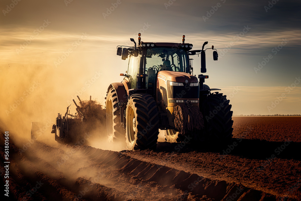 Fototapeta premium Working in a field, a tractor prepares the ground for planting and ploughs a field. Generative AI
