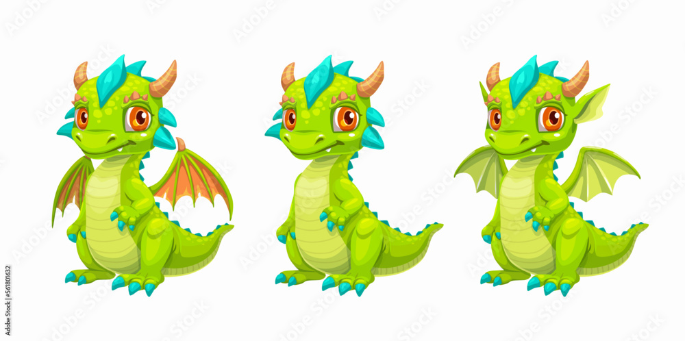 Little cute cartoon green dragon, vector icons.