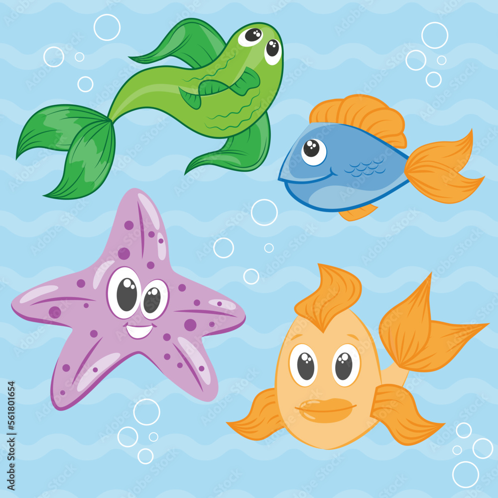 Obraz premium Sea life cartoon animals. Marine world creatures. Fish, starfish characters. 