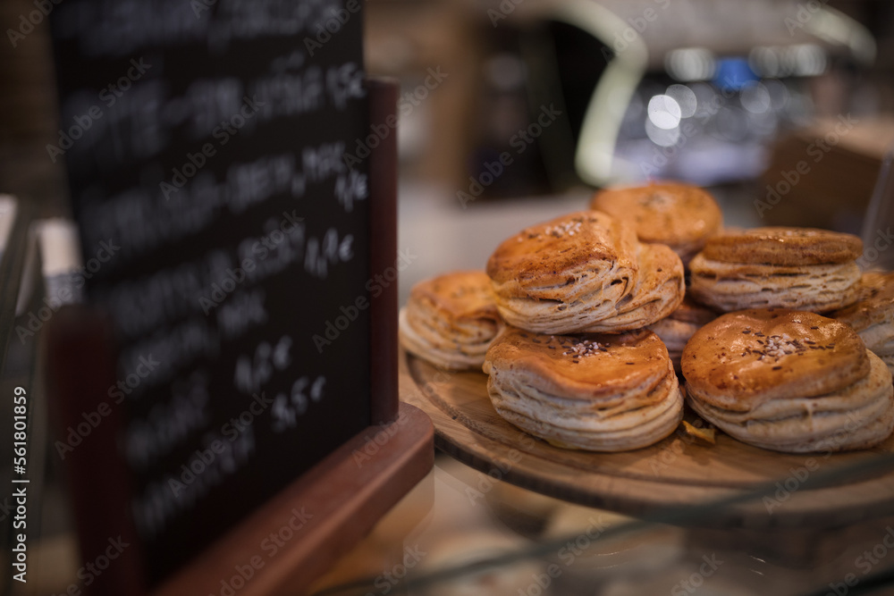 Close-up of fresh pastries at the bistro.
