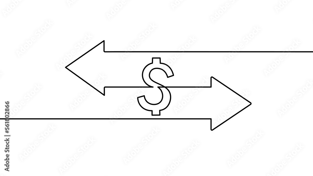 One line continuous money exchange arrows symbol concept. Finance online banking finance system. Digital cyber currency pointer vector illustration One line continuous money exchange arrows symbol concept. Finance online banking finance system. Digital cyber currency pointer vector illustration