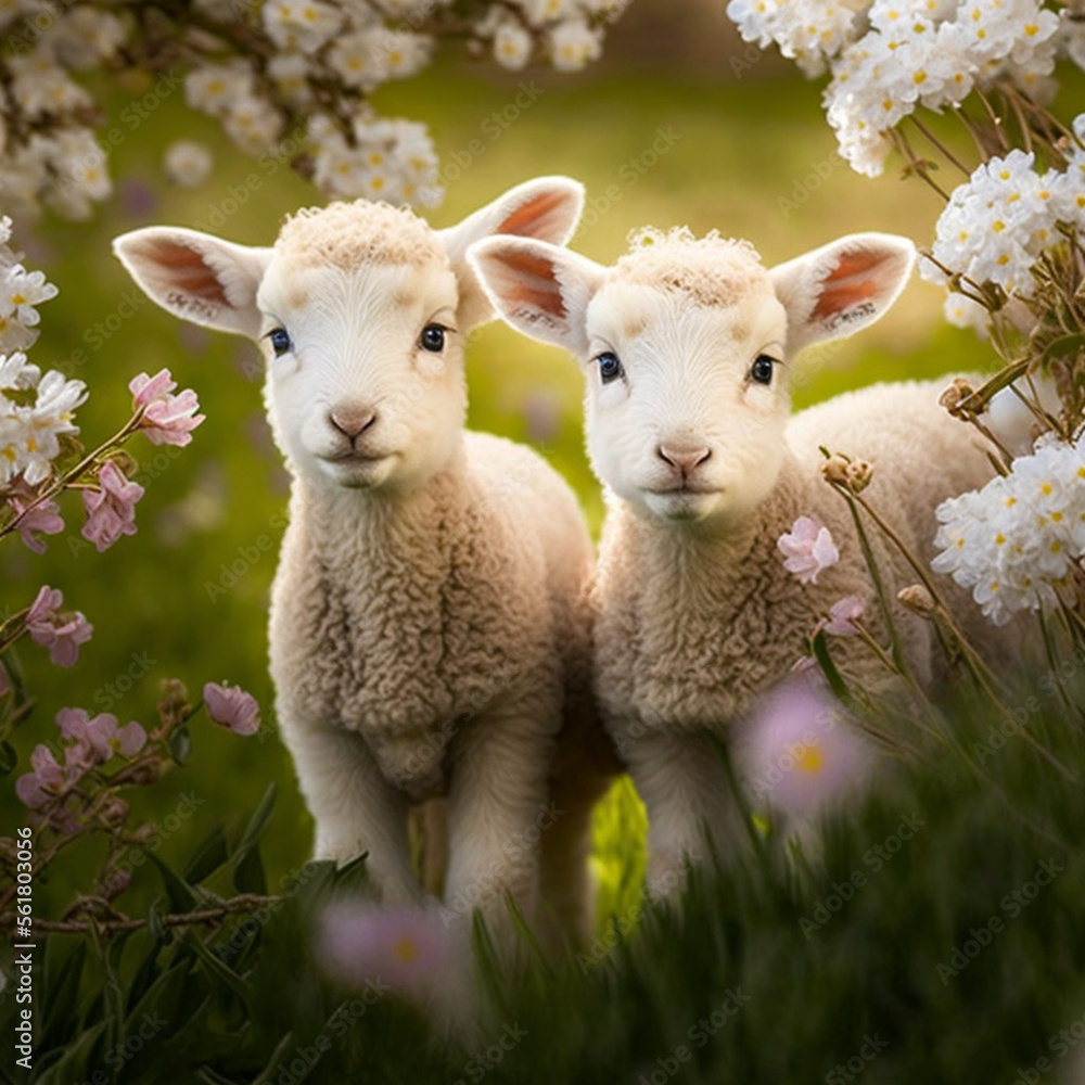 Fototapeta premium Lambs in the field. Generative AI.