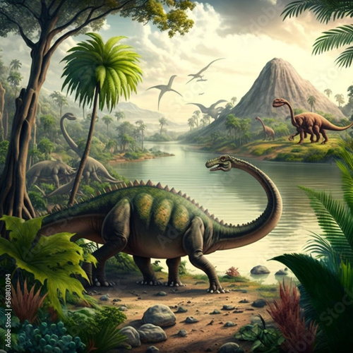 Landscape with dinosaurs. Generative AI.