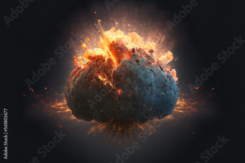Explosion of a fiery bomb with sparks, isolated against a dark background. Generative AI
