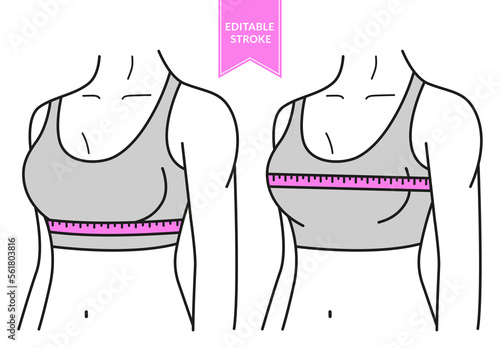 Measurement of women bra. Lingerie  fitting with tape measure. Side view. Icons for clothes store. Vector illustration. Editable stroke.
