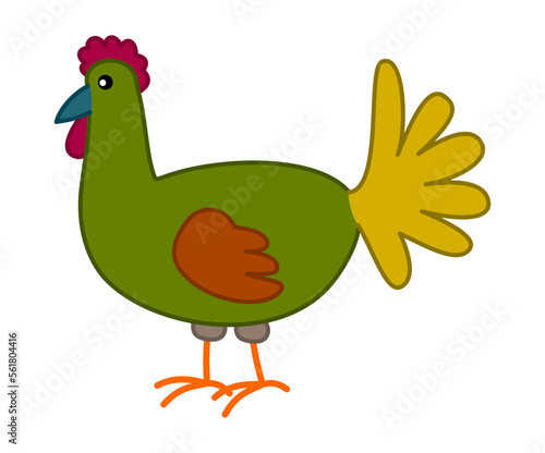 A multicolor chicken isolated in profile on a white background