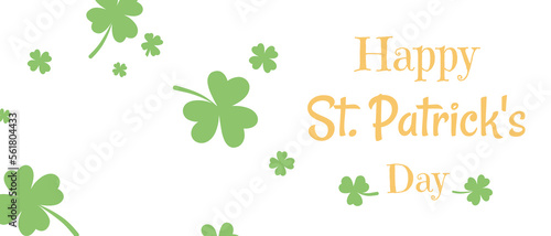 Text of Happy St. Patrick's Day greeting card with lettering, banner, template with green Cloverleaf on white background 