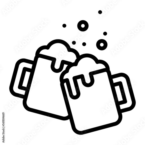 Toasting beer glasses linear icon. Two foamy beer glasses symbol vector illustration.