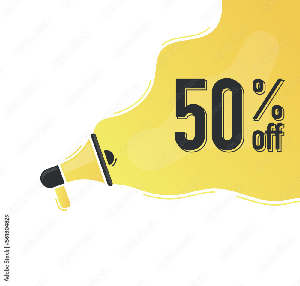 Sale 50 percents off. Megaphone alert message. Special offer sign. Advertising discounts symbol. Announce promotion offer. Message bubble.