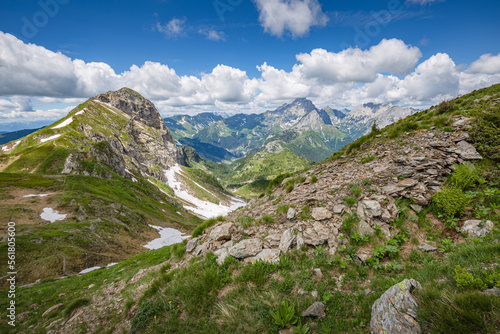 Beautiful nature. Mountain hiking Trail Road. Italy Lago Avostanis Casera Pramosio Alta photo