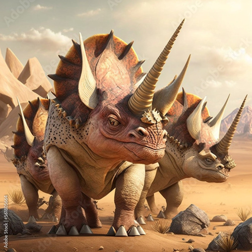 Some triceratops. Dinosaurs. Generative AI. © DALU11