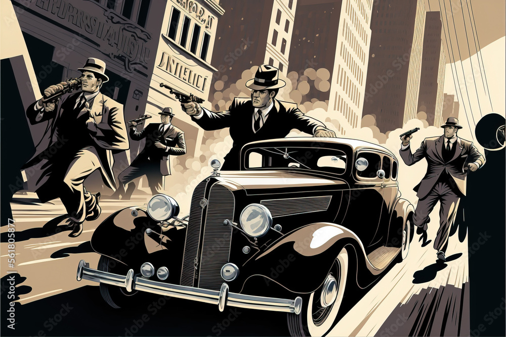 Strzelanina mafijna w ilustracji w stylu art deco z lat 20. XX wieku. Gangsterzy w zabytkowym samochodzie strzelający z broni palnej - obrazy, fototapety, plakaty 