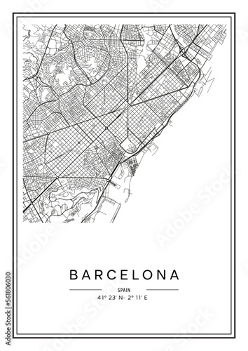 Black and white printable Barcelona city map, poster design, vector illistration.