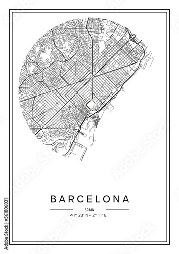 Black and white printable Barcelona city map, poster design, vector illistration.