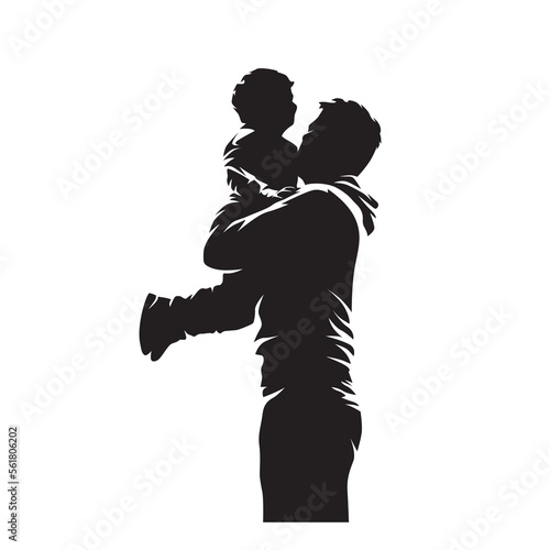Dad holding his son in his arms. Parenting.  Isolated vector silhouette, ink drawing