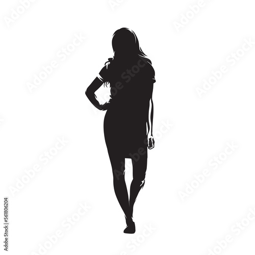 Woman standing, isolated vector silhouette, ink drawing