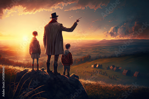 Father is pointing to the horizon in this side view of the family watching the sun set from a hill outside of the city. Generative AI