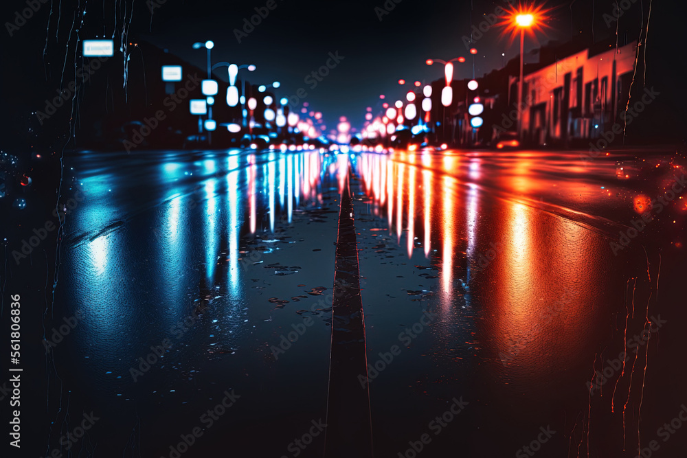 Neon lights reflecting off a wet asphalt on a dark street. In the shadows, light rays and red laser light. View of the city and street at night. a dark blue abstract background. Generative AI