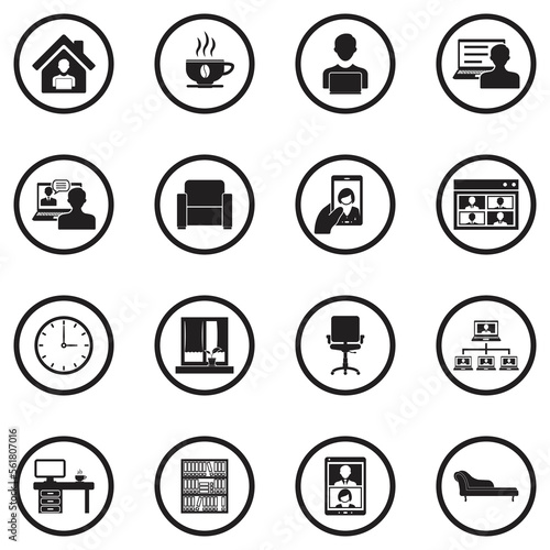 Work From Home Icons. Black Flat Design In Circle. Vector Illustration.