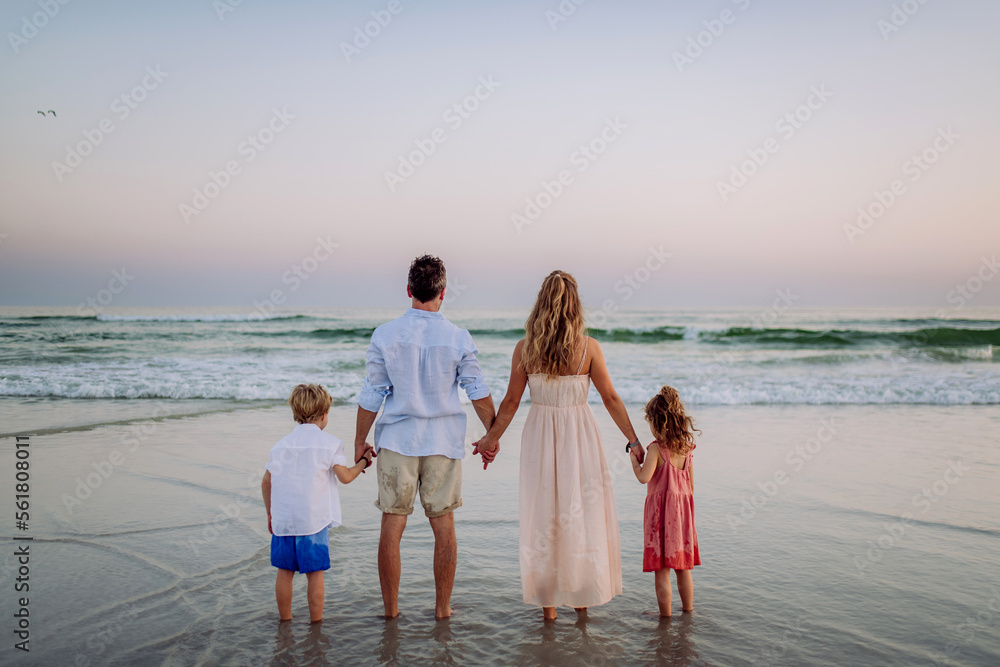 Happy family with little kids enjoying time at sea in exotic country,rear view.